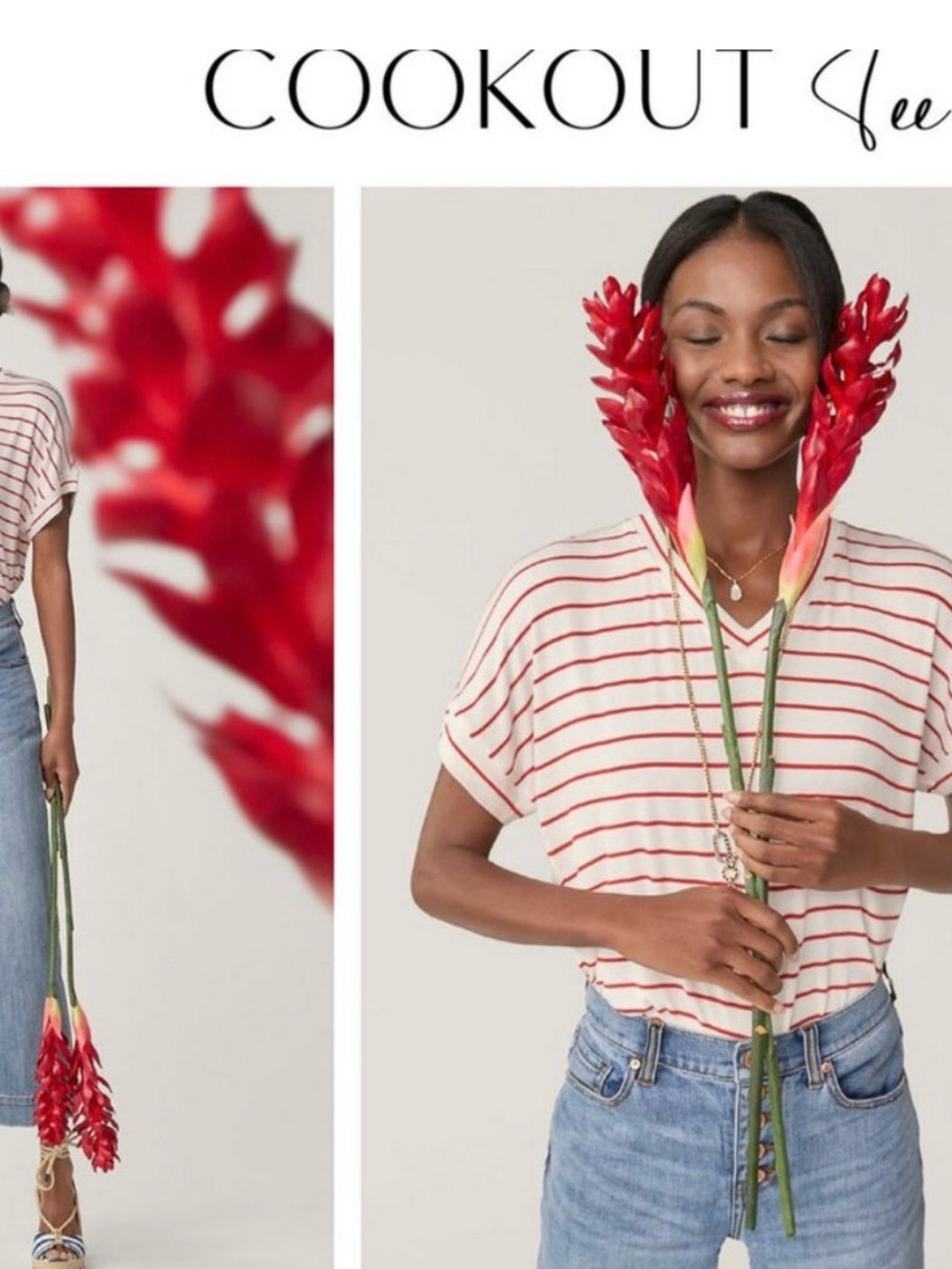 Cabi Red Striped V-Neck Cookout Tee #640 - Picture 2 of 11